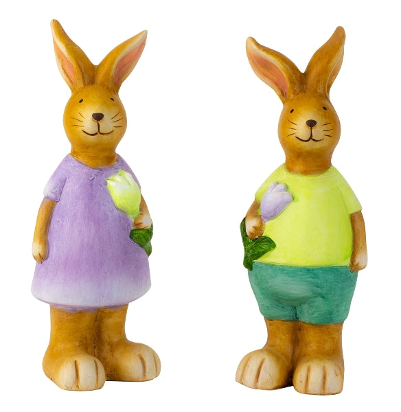 Colorful ceramic Easter bunnies 'Spring Duet' with flowers