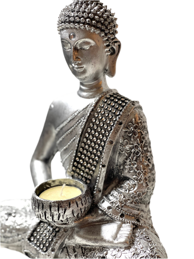 Buddha Teelichthalter Figur Deko Buddhismus 26,5cm in Gold oder Silber