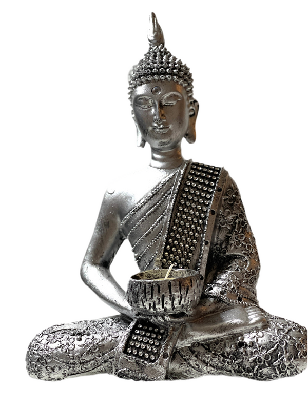 Buddha Teelichthalter Figur Deko Buddhismus 26,5cm in Gold oder Silber