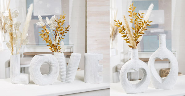 5 Piece Ceramic Vase Assortment 'Love' Series - Textured Vases in White