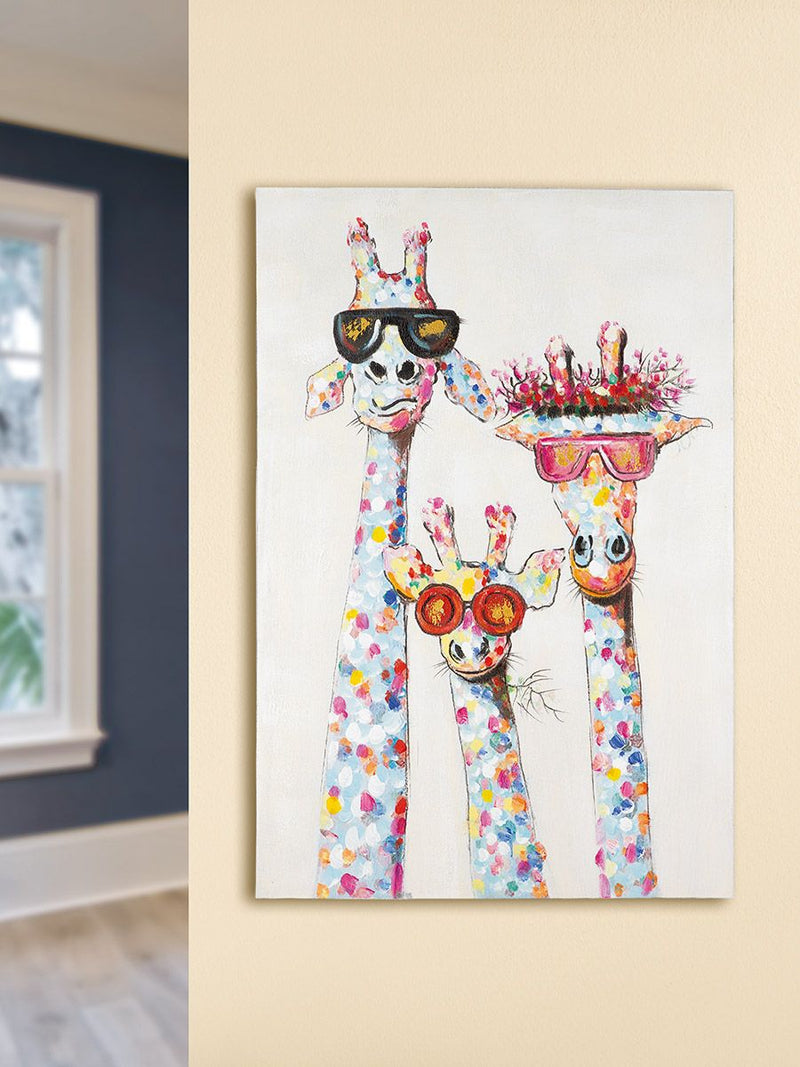 Houten canvas afbeelding 'Giraffe Coolness' - kleurrijke dierenafbeelding