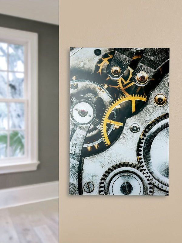 Gear Gears - Modern acrylic/aluminum picture, grey/gold, with aluminum frame, 90x60 cm