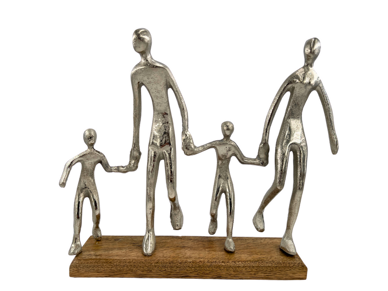 Harmonious family sculpture in silver on wooden base width 38cm