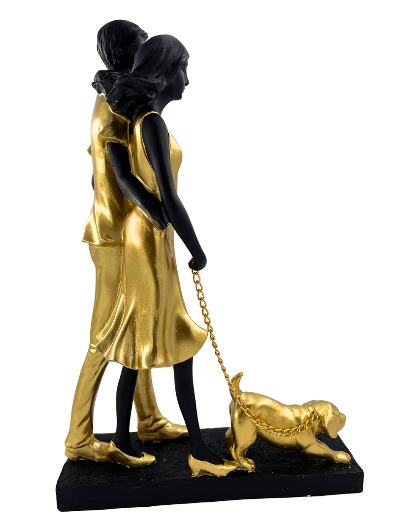 Decorative sculpture 'Couple with dog' – Gold Black, 29.5 cm