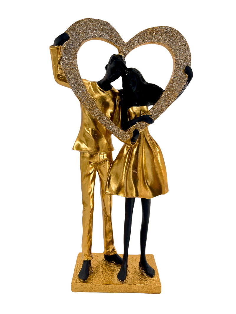 Elegante Skulptur eines Paares in Schwarz und Gold mit Herz glänzend