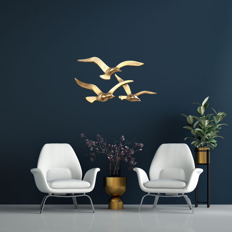 Golden seagulls wall decoration set | Maritime metal wall decoration | 2 pieces