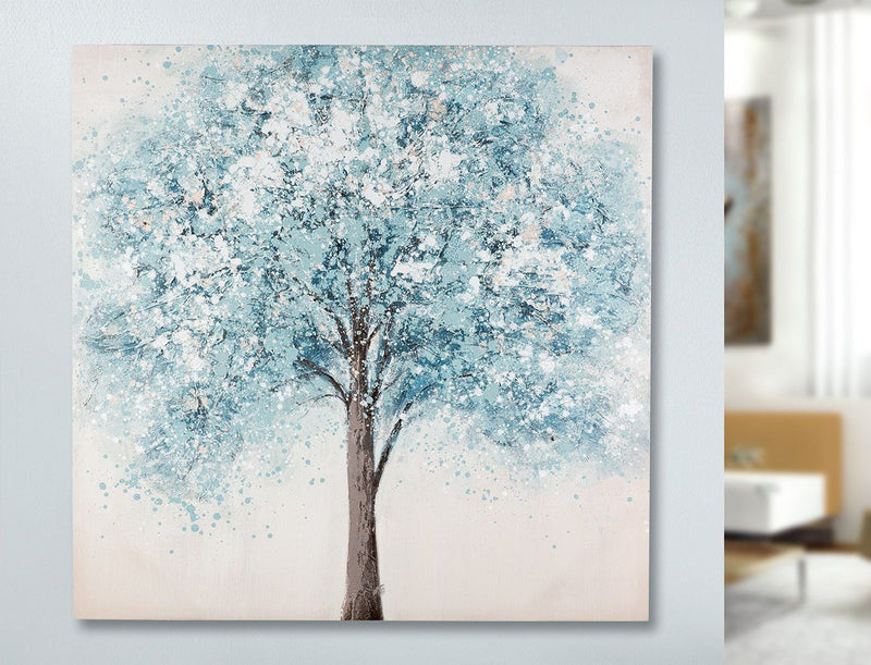 Hout/linnen foto "Bleu Arbre" - vierkante muurkunst op canvas, blauw/wit/bruin, 90cm x 90cm