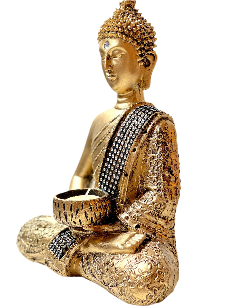 Buddha Teelichthalter Figur Deko Buddhismus 26,5cm in Gold oder Silber