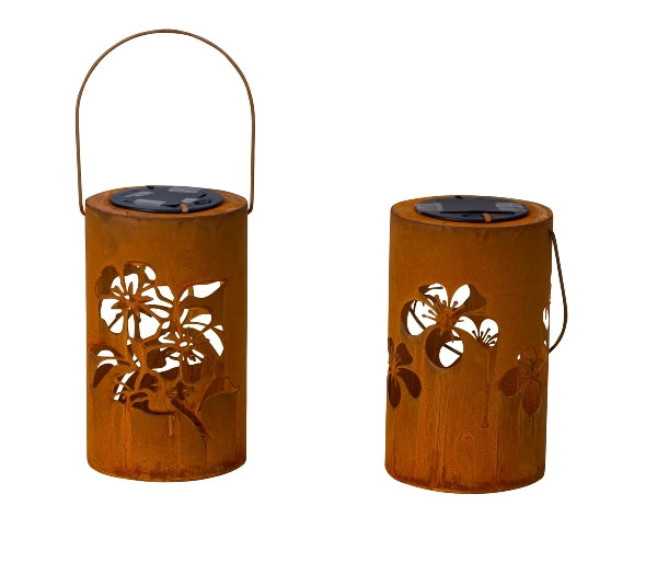 Rusty metal lanterns with solar light in flower design - set of 2
