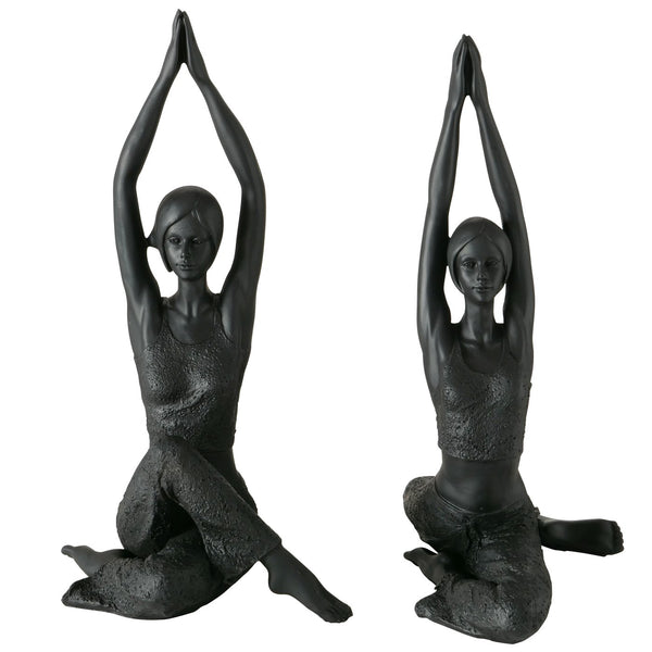 Set van 2 yoga-meditatiefiguren 'Asana' - elegante zwarte harssculpturen, yogadames in zittende positie, 40 cm hoog