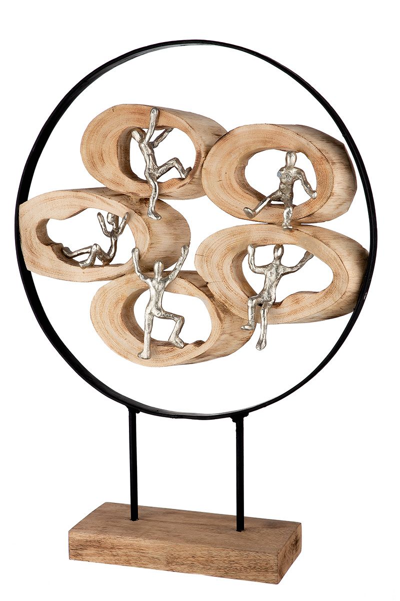 Cirkelsculptuur 'Climb' - Natuurkleurig kunstwerk met zilverkleurige figuren