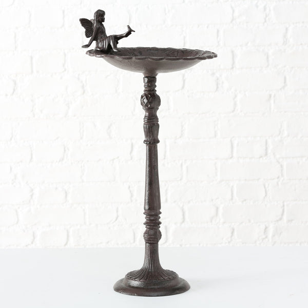 Premium bird bath with fairy made of cast iron in matt brown - 64cm height