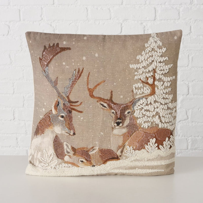 Handwoven sofa cushion Feliz with deer motif - wintery country house design