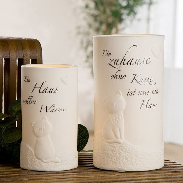 LED table lamp made of porcelain with cat motif and inspirational saying – white