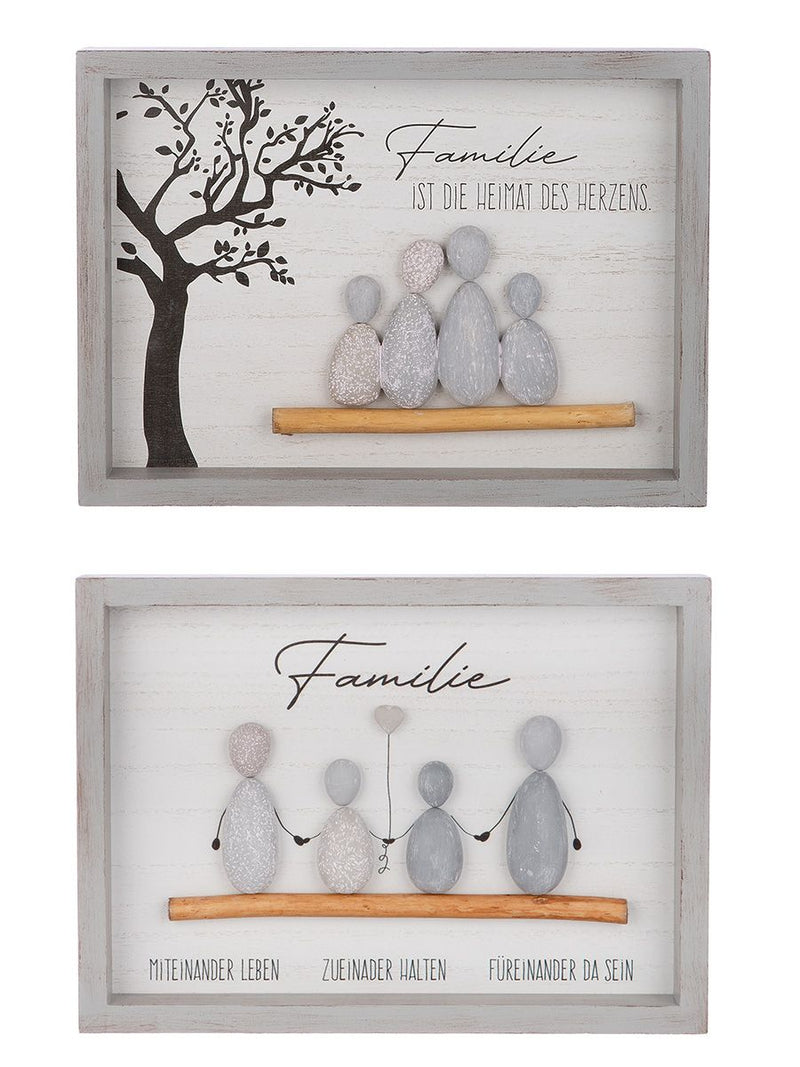 Set aus 4 rechteckigen Steinbildern "Familie" mit Sprüchen, 3D-Optik, grauer Rahmen