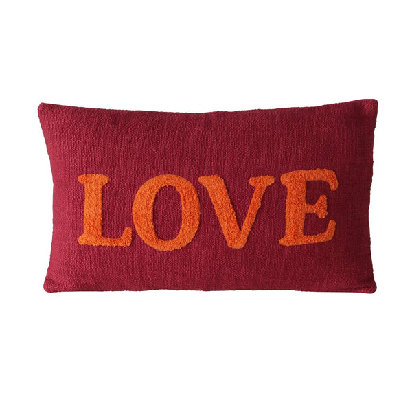 Love cushion in orange and wine red, 50x30 cm