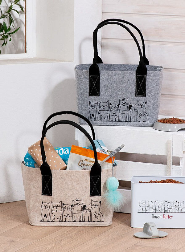 Cat Gang vilten tassenset – beige en lichtgrijze shopper