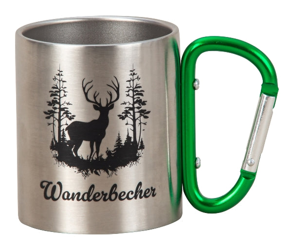 Hiking mug with deer motif and snap hook handle