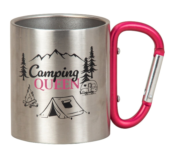 Camping Queen stainless steel mug with pink carabiner handle