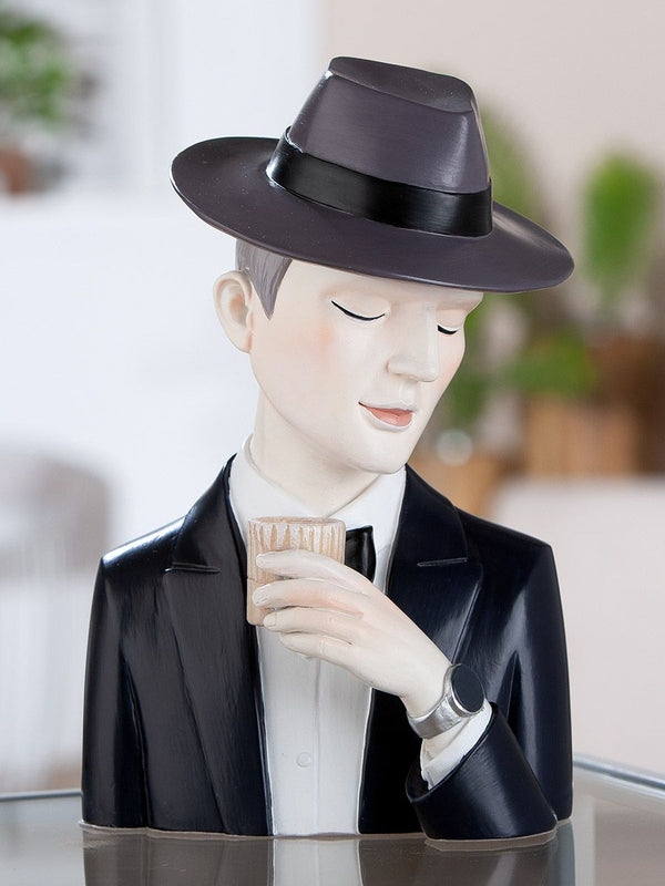 Decorative figure gentleman with whiskey glass in grey and black