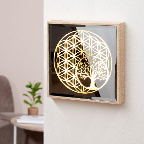 LED mirror image Golden Tree with tree of life and flower of life