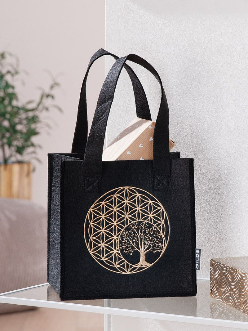 Golden Tree felt gift bag with tree of life motif in black