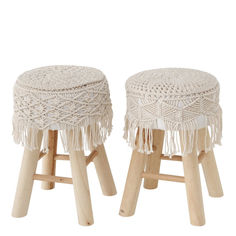 Boho stool set made of wood with macrame cover - set of 2