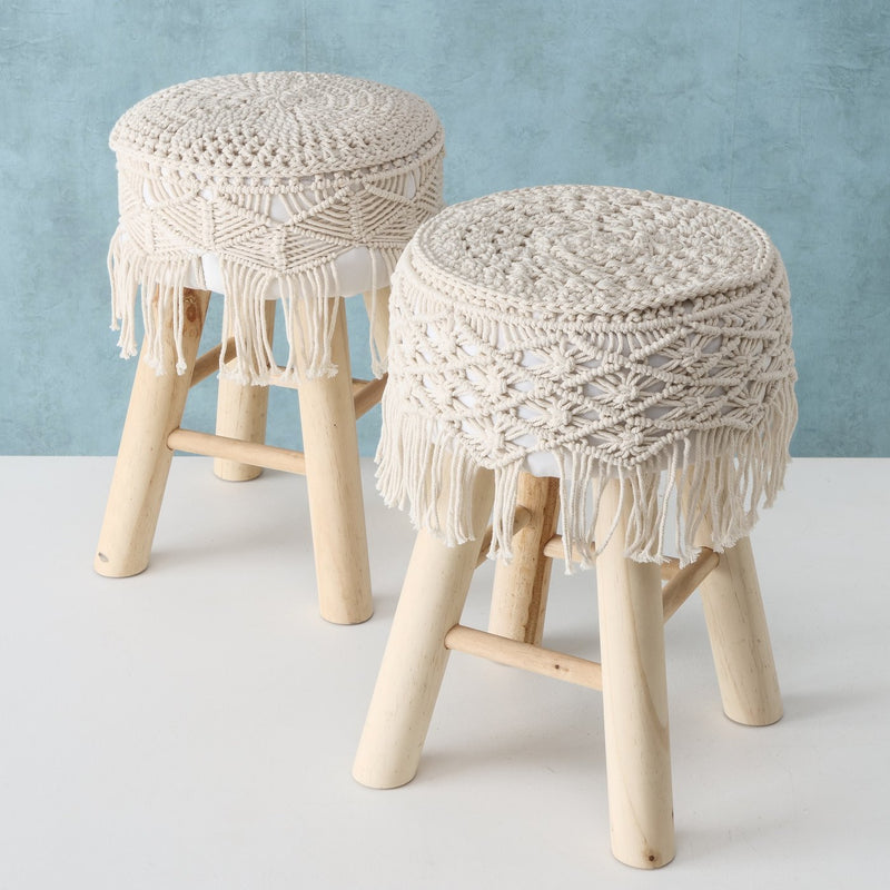 Boho stool set made of wood with macrame cover - set of 2