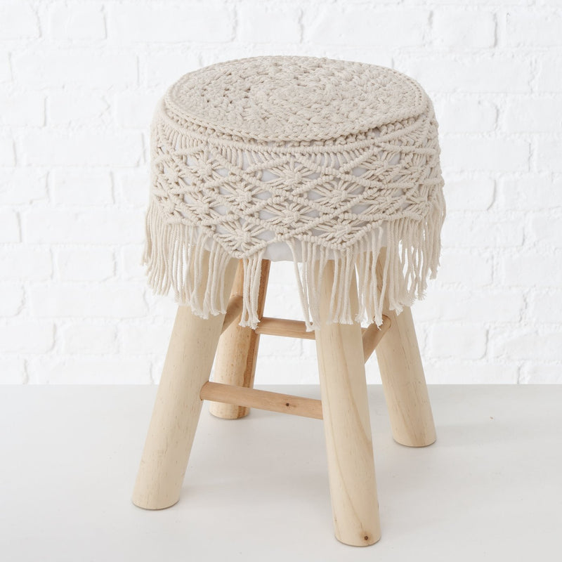 Boho stool set made of wood with macrame cover - set of 2