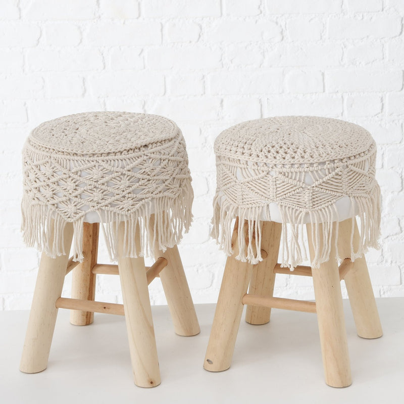 Boho stool set made of wood with macrame cover - set of 2