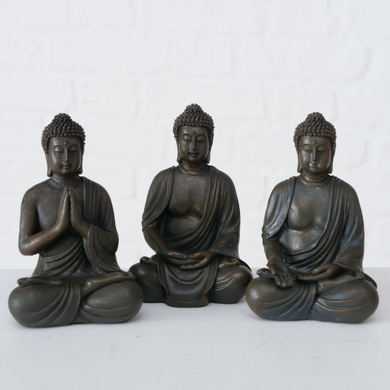 Set of three Buddha figures dark brown 10 cm - meditating decorative statue