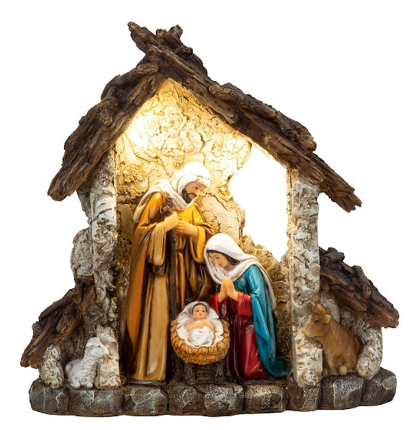 Nativity house with LED lighting 23cm polyresin Christmas decoration