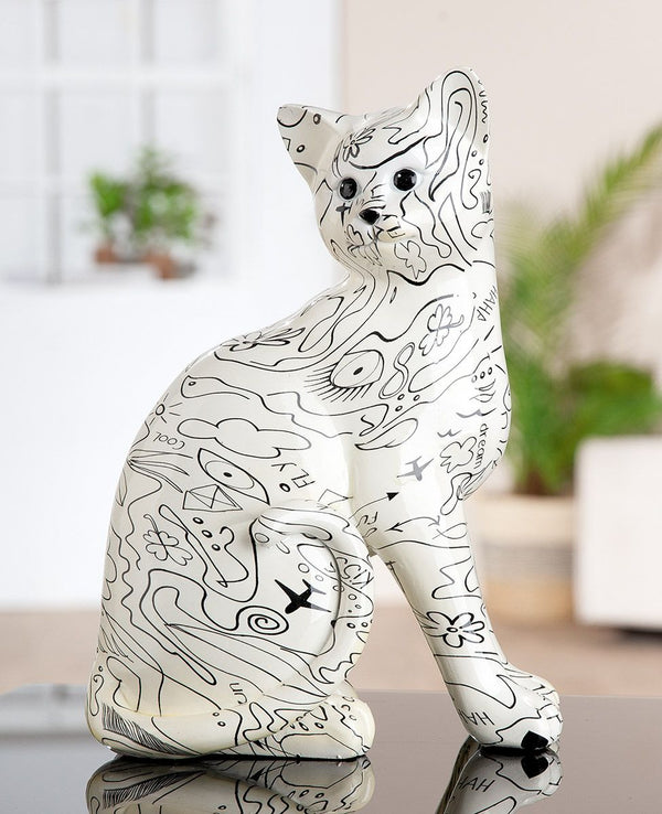 Cat Sculpture Modern Art Single Line Design Resin White