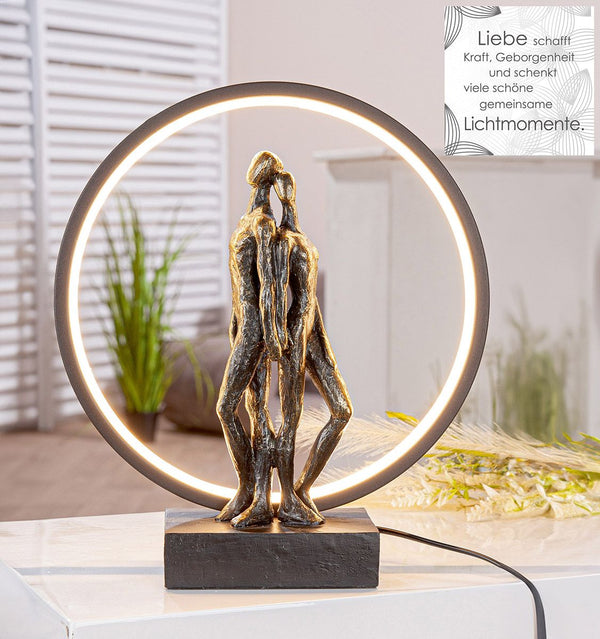 LED Tischleuchte Herzenslicht Paarmotiv Kunstharz Bronze