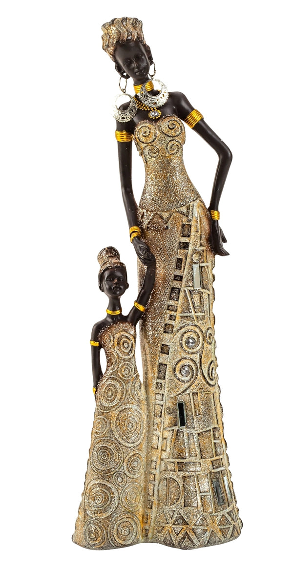 Elegante Dekofigur Afrikanische Frau mit Kind 31cm Gold