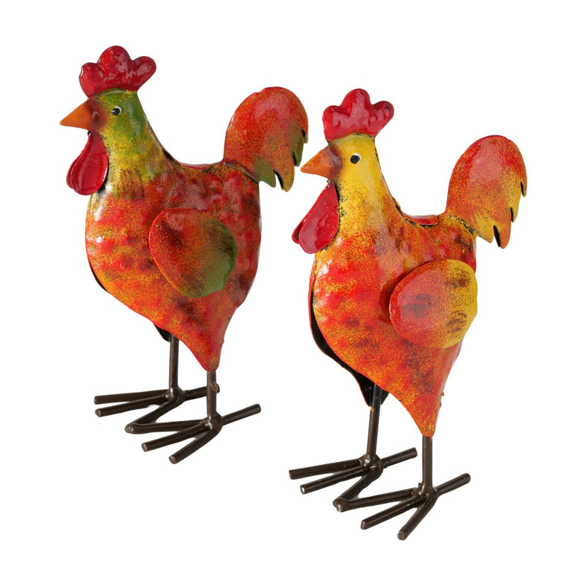 Decorative Chickens Made of Metal Handmade Colorful Set of 2