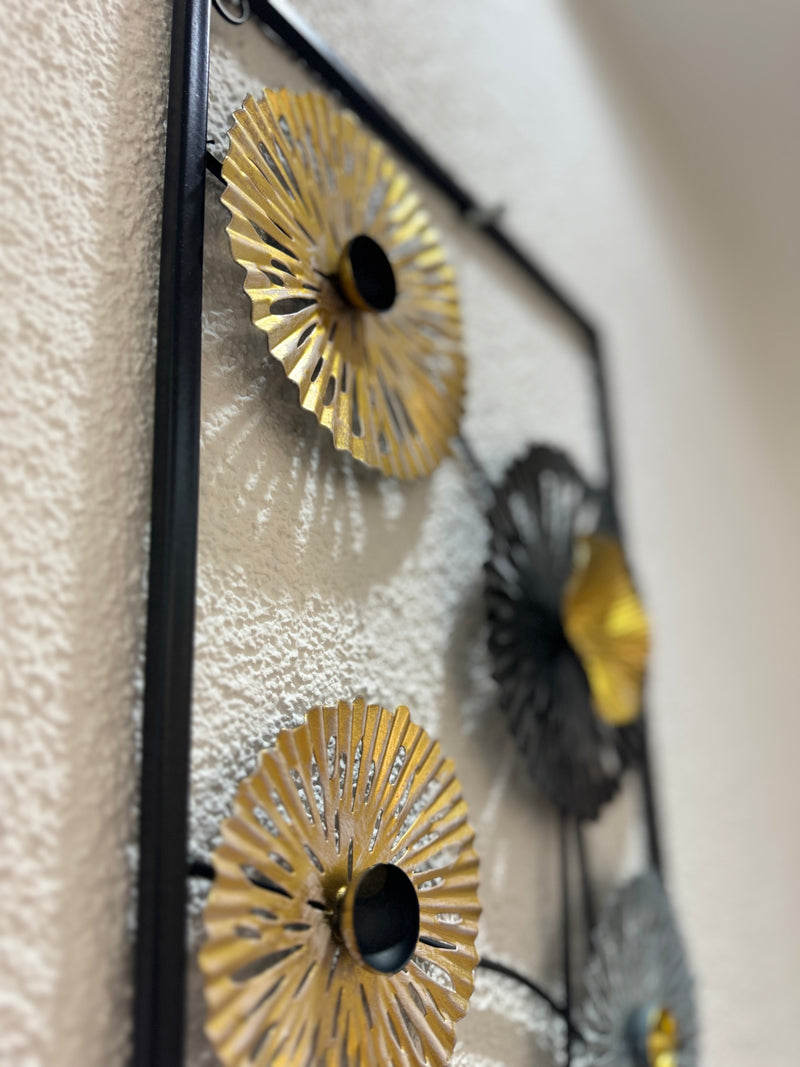 Gold-black-gray metal wall decoration 'Flowers' 70x30cm - Stylish wall art for an elegant ambience