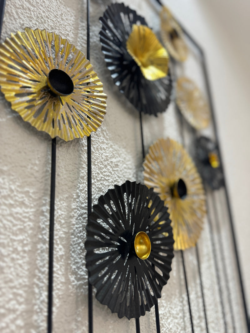 Gold-black-gray metal wall decoration 'Flowers' 70x30cm - Stylish wall art for an elegant ambience