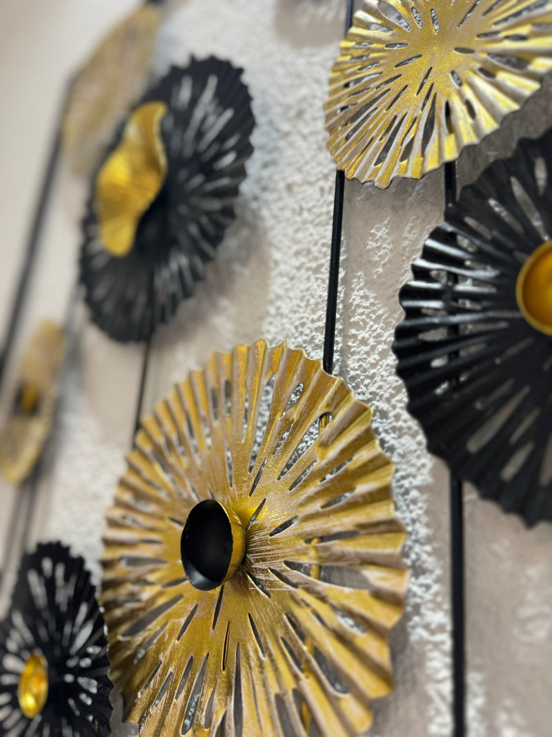 Gold-black-gray metal wall decoration 'Flowers' 70x30cm - Stylish wall art for an elegant ambience