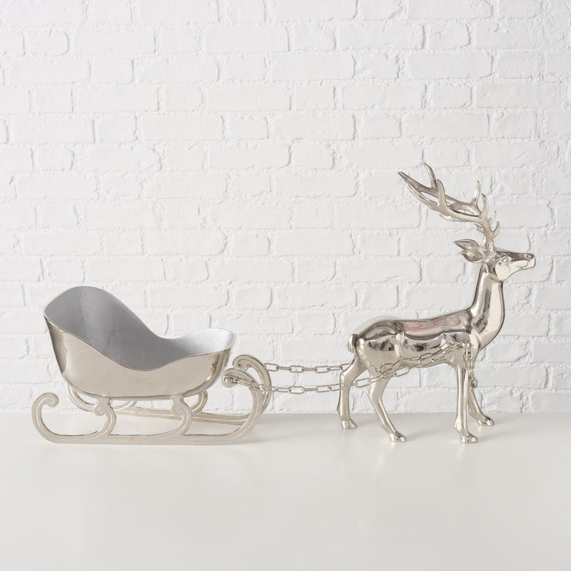 Eleganter Sektkühler "Weihnachtsschlitten mit Hirsch" aus vernickeltem Aluminium, handgefertigt