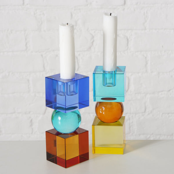 Modern 2-piece candlestick Cylos made of crystal glass with color accents