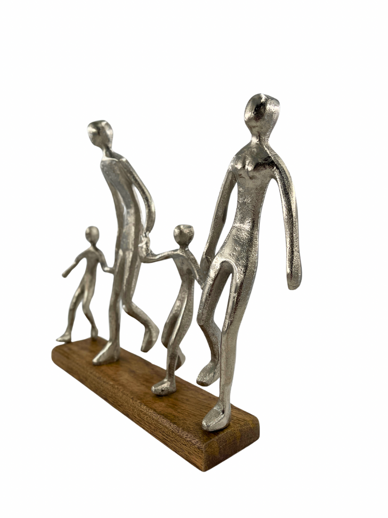 Harmonious family sculpture in silver on wooden base width 38cm