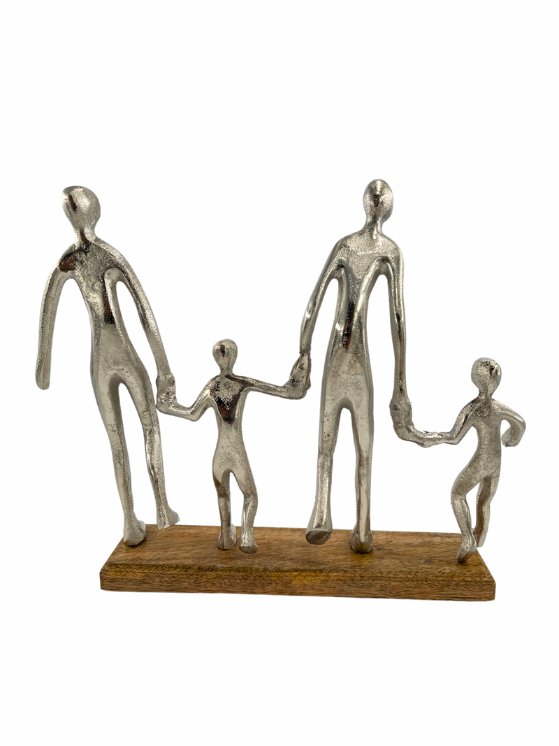 Harmonious family sculpture in silver on wooden base width 38cm