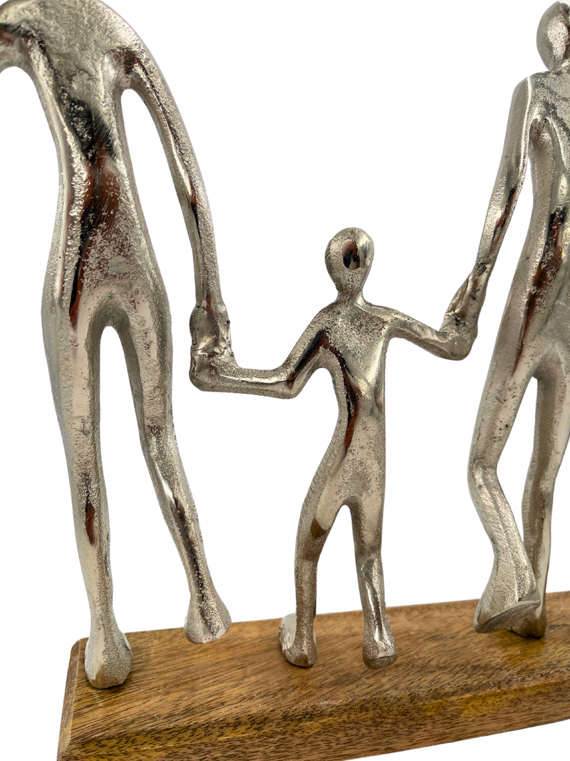 Harmonious family sculpture in silver on wooden base width 38cm