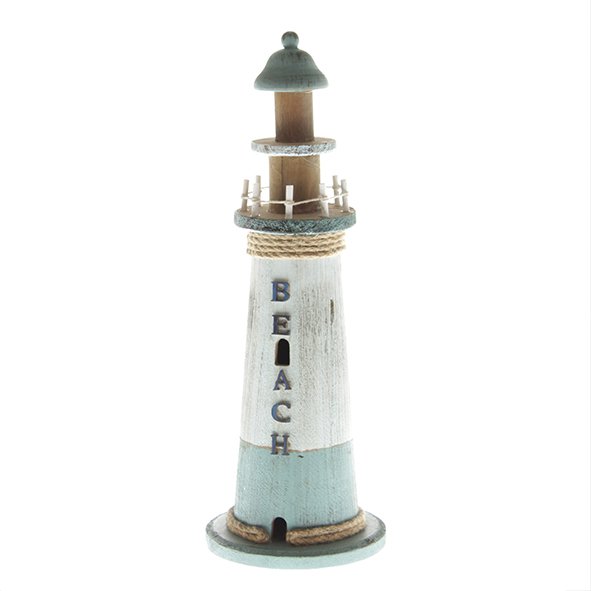 Rustic wooden lighthouse, 15 x 15 x 49.5 cm, blue/white - Maritime charm for your home