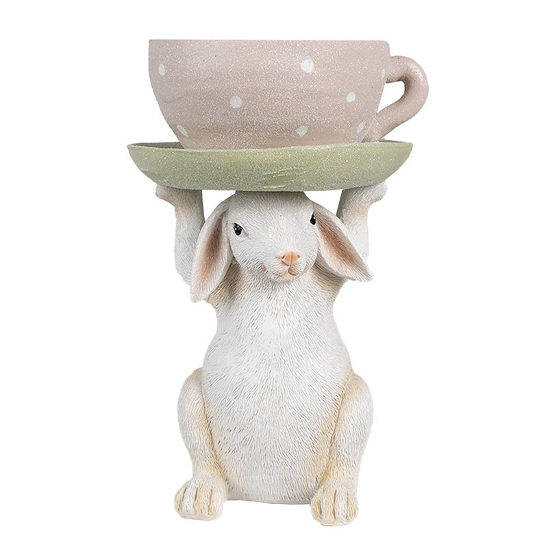 Skulptur Hase mit Kaffebecher Beige Pink