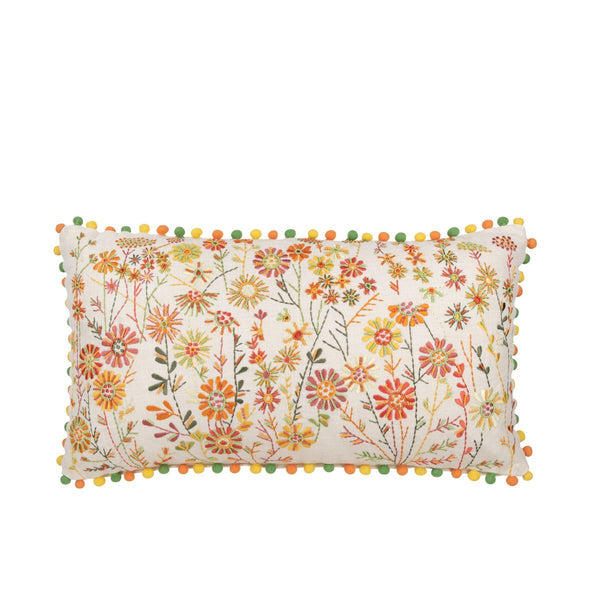 Cushion Rectangular Flowers + Pompoms – Cotton – White/Orange