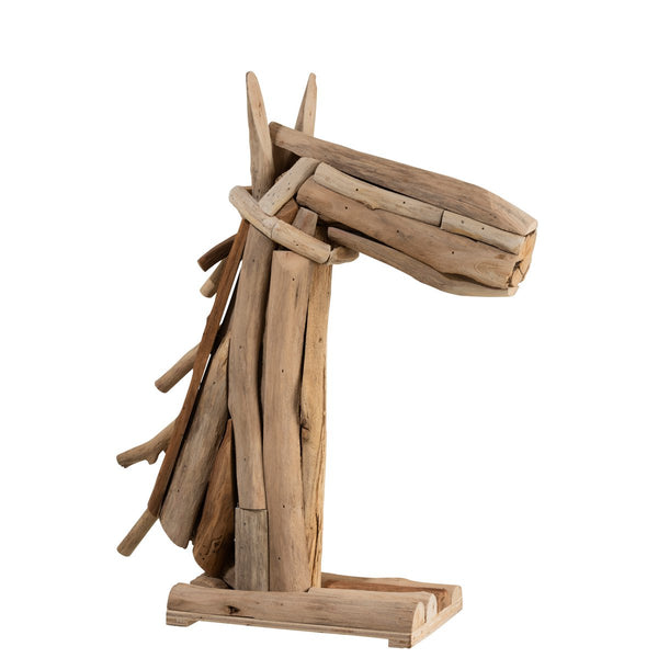 Handmade horse head wooden sculpture - natural