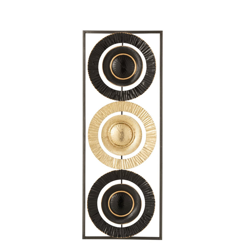 Modern metal wall decoration with three circles in black and gold