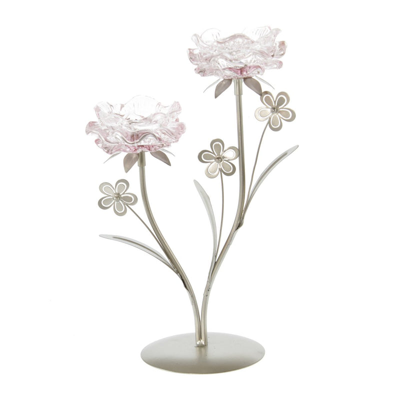 Decorative glass tealight holder flower for two tealights, 21.5 x 12.5 x 32 cm, pink - For romantic accents